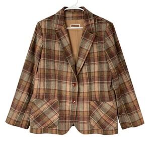 Jack Winter Brown Plaid Wool Blazer 18 Button Notched Lapel Long Sleeve Pockets